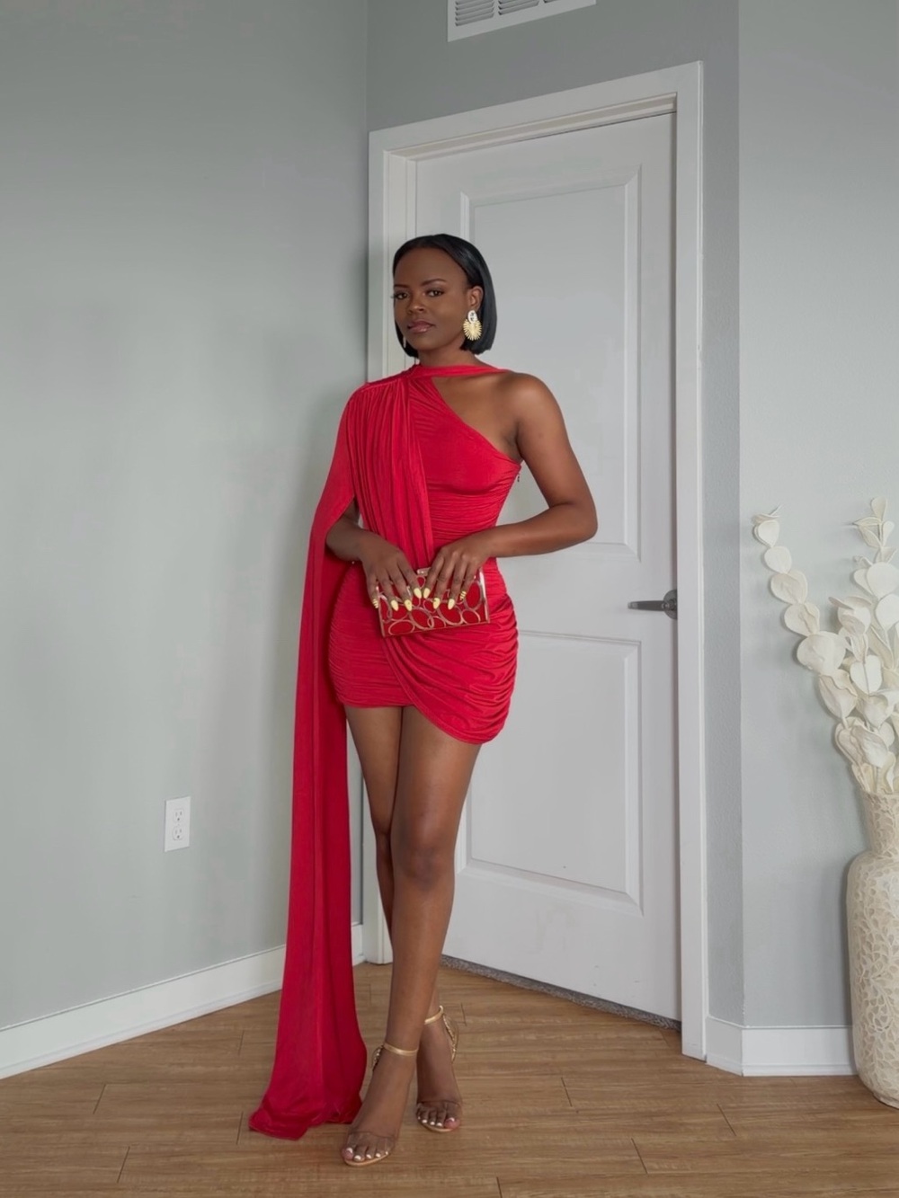 BBxBrand Red One-Shoulder Draped Mini Dress